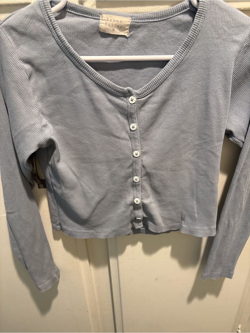 Urban nation Light Blue Ribbed Button-Front Long Sleeve Crop Top